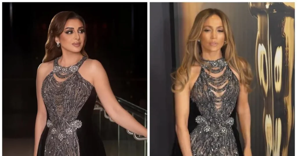 فستان واحد وإطلالتان مختلفتان بين أنغام وجينيفر لوبيز