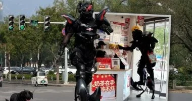 الساعي الحديدي صاحب مطعم يرتدي بدلة آلية لتوصيل الطعام في الصين